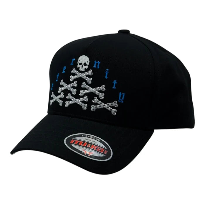 Black MUKA Eternity Stone snapback hat with adjustable strap and embroidered logo, casual accessories for everyday style.