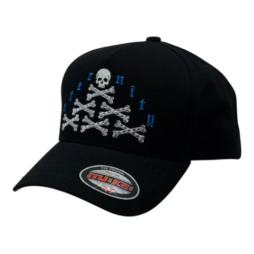 Black MUKA Eternity Stone snapback hat with adjustable strap and embroidered logo, casual accessories for everyday style.
