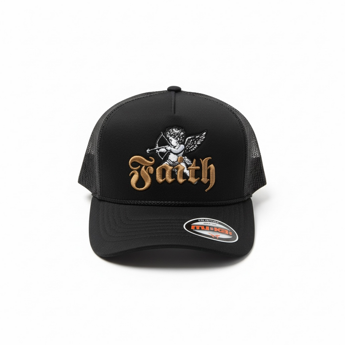Black MUKA Faith Angel trucker hat with mesh back and embroidered angel design on front, casual accessories for everyday wear.