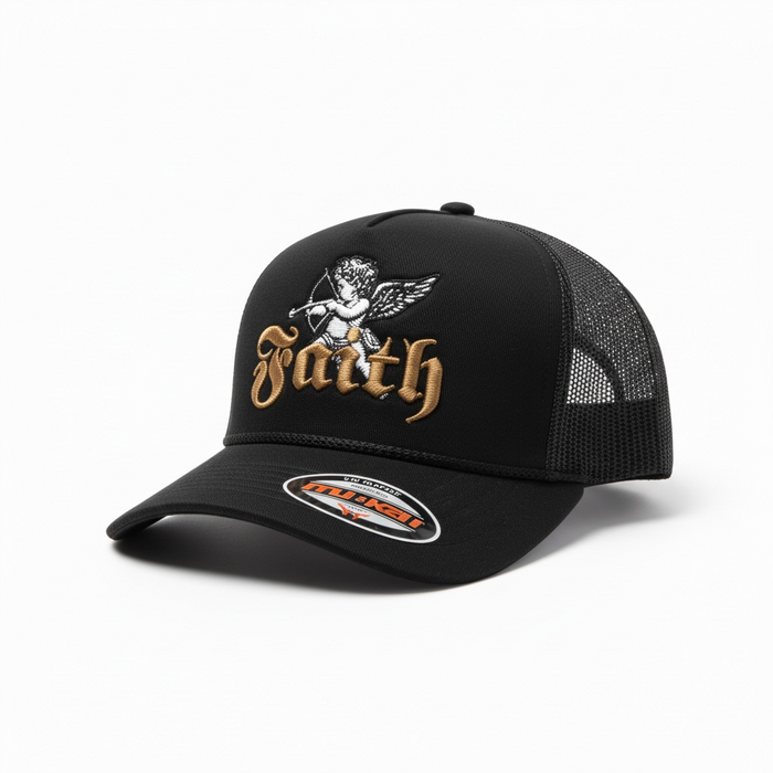 Black MUKA Faith Angel trucker hat with mesh back and embroidered angel design, casual accessories for stylish outdoor wear.
