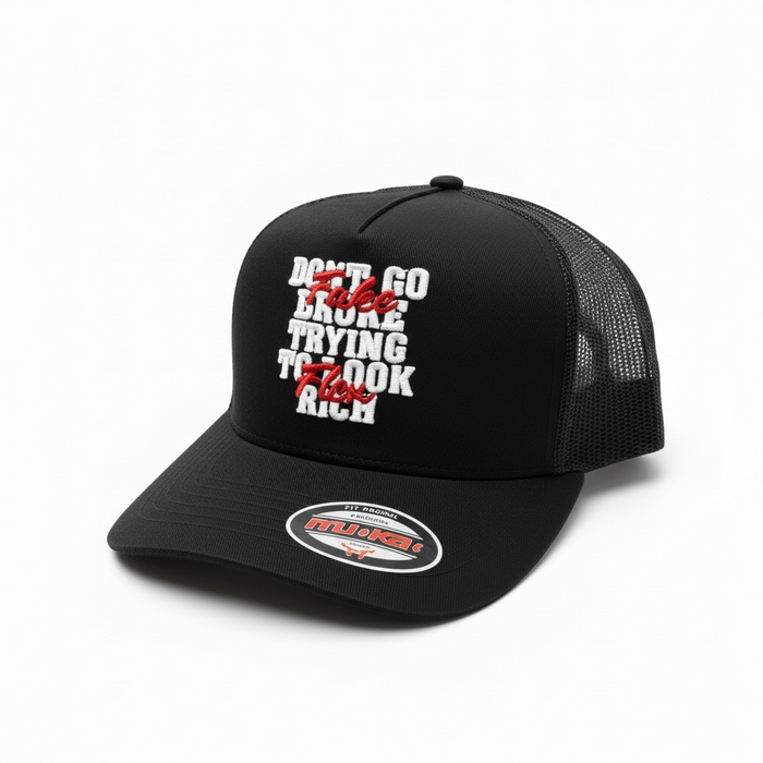 Black MUKA Fake Flex Trucker Hat with mesh back and curved brim, casual accessories for a trendy, laid-back style.