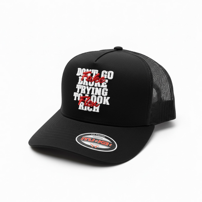 Black MUKA Fake Flex Trucker Hat with mesh back and curved brim, casual accessories for a trendy, laid-back style.