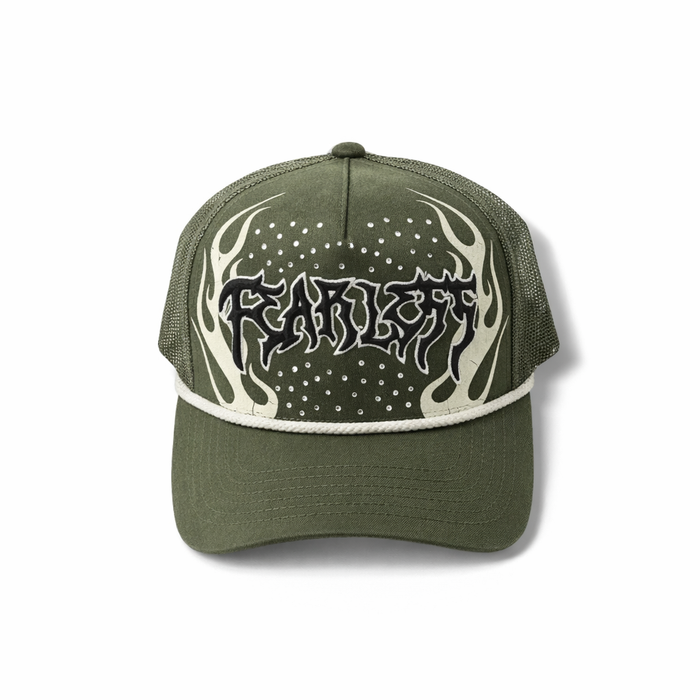 MUKA Fearless Stone snapback hat in olive with adjustable strap, front logo design, casual accessories for men and women.