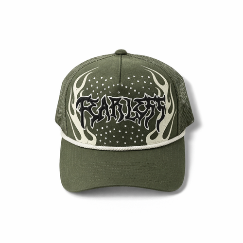 MUKA Fearless Stone snapback hat in olive with adjustable strap, front logo design, casual accessories for men and women.