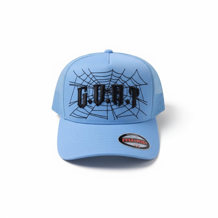 Sky blue MUKA Goat Web Trucker Hat with adjustable snapback and embroidered logo, casual accessories for outdoor wear.