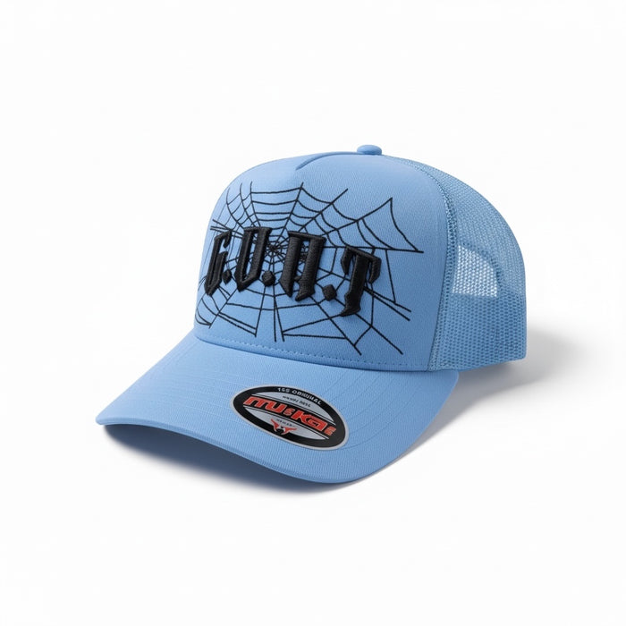 Sky blue MUKA Goat Web Trucker Hat with mesh back and adjustable strap, casual accessories for a stylish look