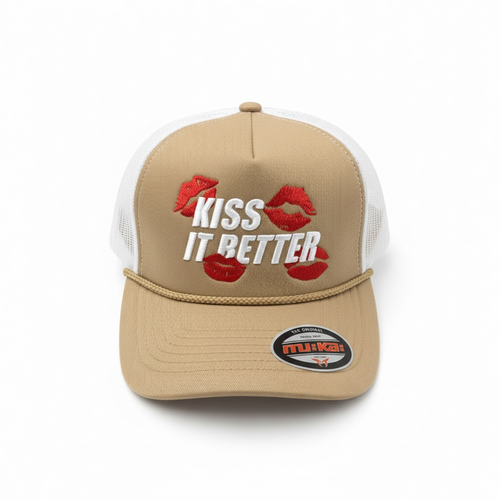 MUKA Kiss It Better trucker hat in khaki and white with mesh back and curved brim, casual accessory for outdoor wear.