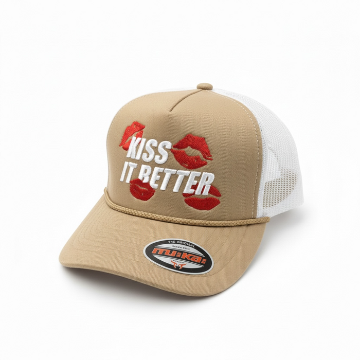 MUKA Kiss It Better trucker hat in khaki and white with adjustable snapback, front logo patch, casual accessory.
