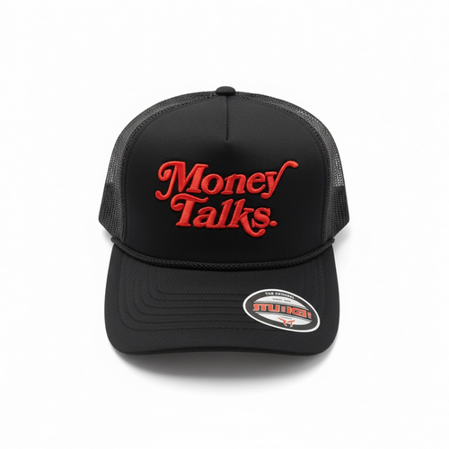 Black MUKA 'Money Talks' trucker hat with mesh back and bold text design, casual accessories for streetwear style.