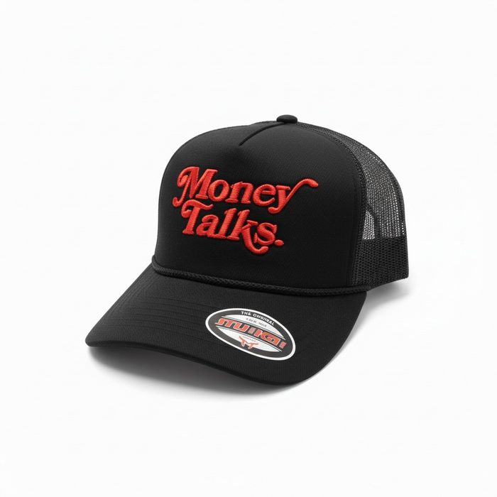MUKA 'Money Talks' black trucker hat with mesh back and embroidered front logo, casual accessories for streetwear style.