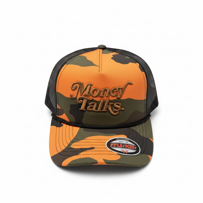 Orange camo MUKA 'Money Talks' trucker hat with mesh back and curved brim, stylish accessories for casual wear.