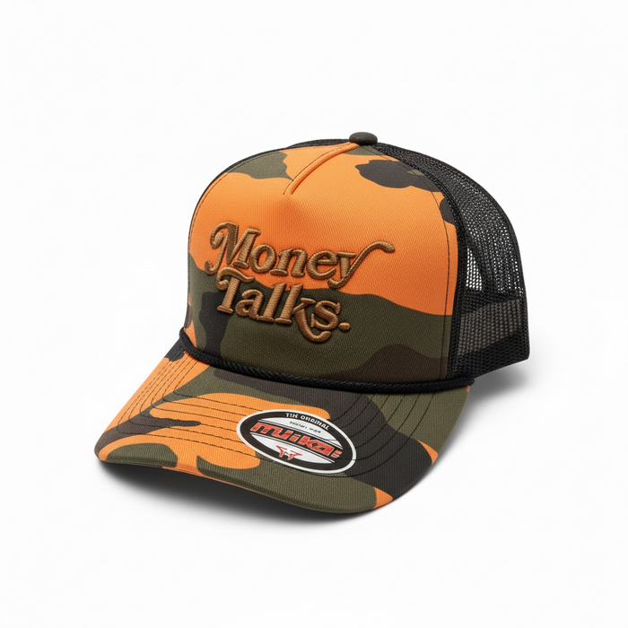 MUKA Money Talks orange camo trucker hat with mesh back and adjustable snap closure, casual accessories for street style.