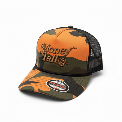 MUKA Money Talks orange camo trucker hat with mesh back and adjustable snap closure, casual accessories for street style.