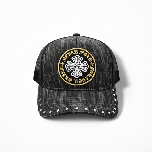 Black MUKA Never Fold Stone Snapback Hat with adjustable strap and embroidered branding, casual accessories for streetwear style.