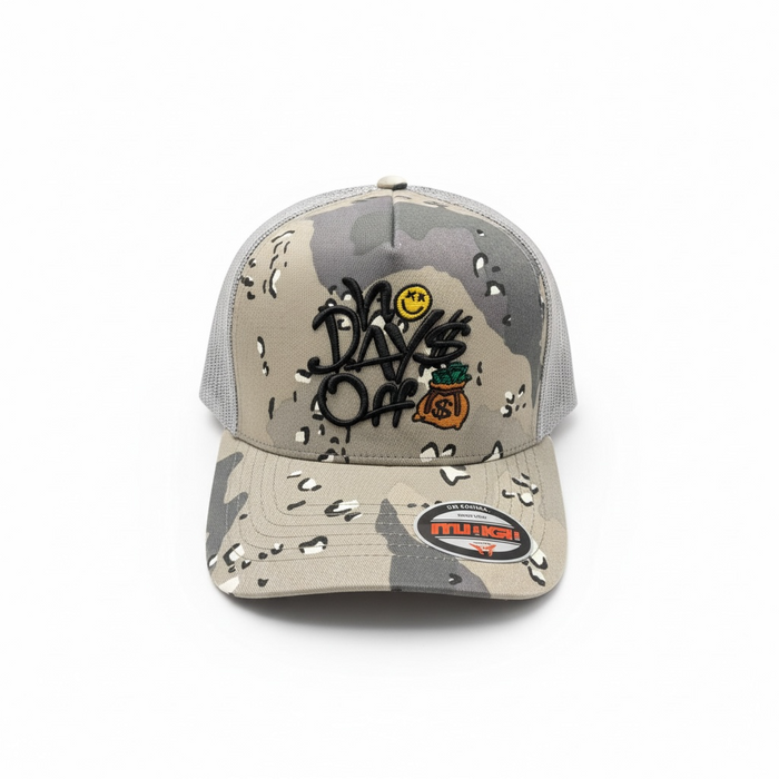 Gray desert camo MUKA 'No Days Off' trucker hat with mesh back and curved brim, casual outdoor accessory.