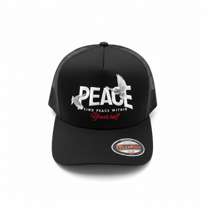 Black MUKA Peace Dove trucker hat with mesh back and embroidered dove logo, casual accessories for everyday wear.