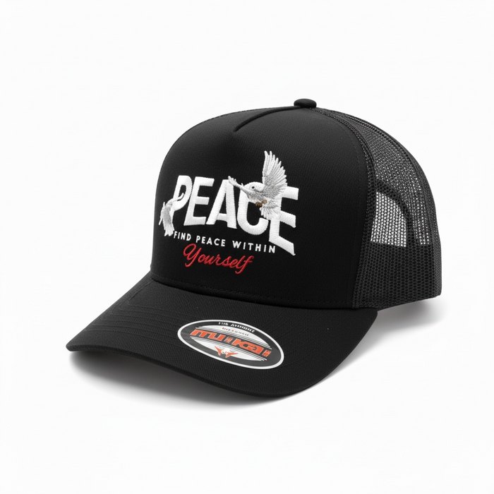 Black MUKA Peace Dove trucker hat with mesh back and embroidered dove design, casual accessories for everyday wear.