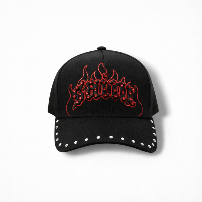 Black MUKA Saint Stone snapback hat with embroidered design, featuring a flat brim and adjustable strap.