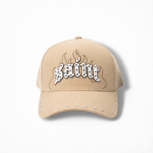 MUKA Saint Stone Snapback Hat in sand color, showing front view with adjustable snapback closure and embroidered logo.