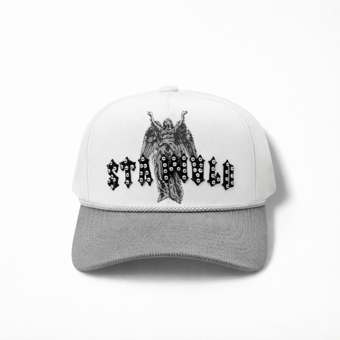 MUKA Stay Wild stone snapback hat in white and stone grey with adjustable strap and embroidered logo, casual accessory.