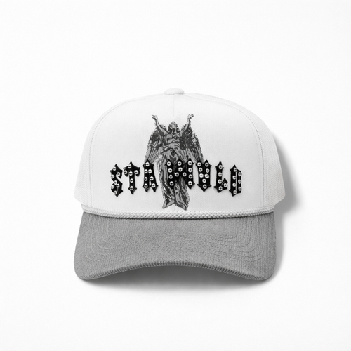 MUKA Stay Wild stone snapback hat in white and stone grey with adjustable strap and embroidered logo, casual accessory.