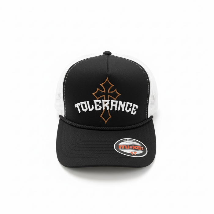 Black and white MUKA Tolerance Cross trucker hat with mesh back and curved brim, casual accessory for streetwear style.