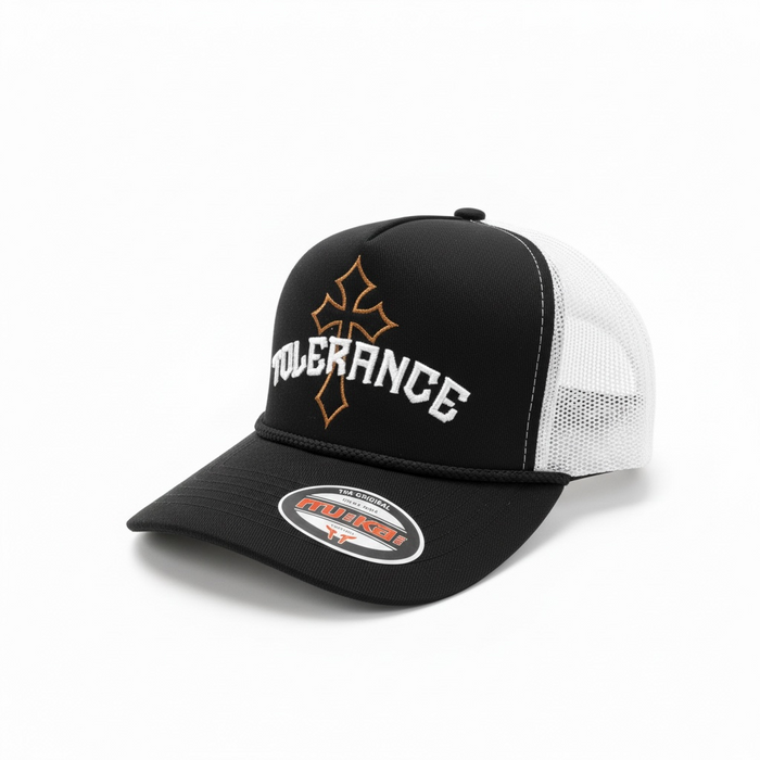 Black and white MUKA Tolerance Cross trucker hat featuring a mesh back and embroidered front logo.