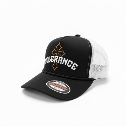 Black and white MUKA Tolerance Cross trucker hat featuring a mesh back and embroidered front logo.