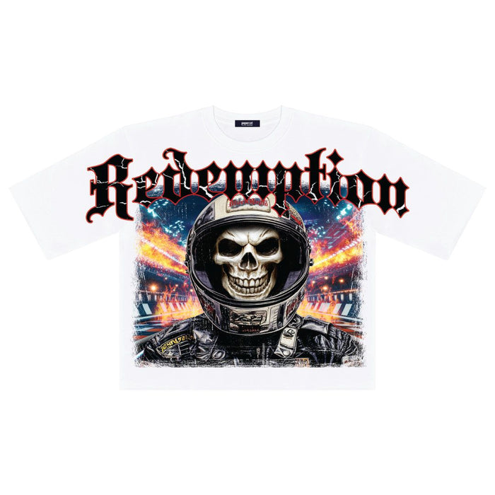 White oversized cropped T-shirt by PAPERCUT with "Redemption" print, relaxed fit, and casual style.