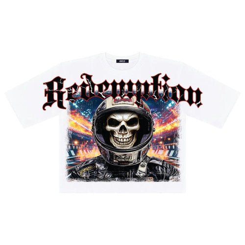 White oversized cropped T-shirt by PAPERCUT with "Redemption" print, relaxed fit, and casual style.