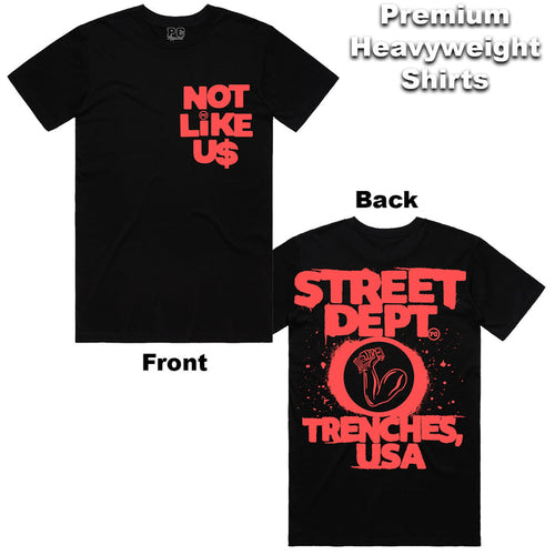 Black PG Apparel 'Not Like Us' T-Shirt featuring infrared design, casual fit, and soft cotton fabric.