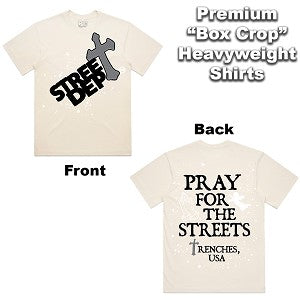 Cream and black PG Apparel Pray For The Streets T-shirt with graphic print, short sleeve casual tee for streetwear style.
