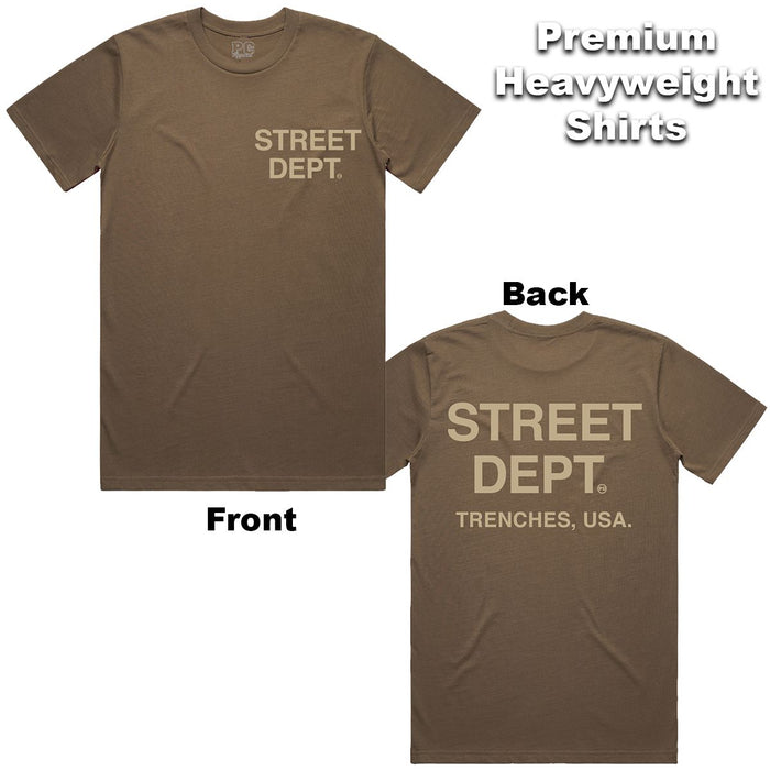 Brown and khaki PG Apparel Street Dept T-shirt with logo graphic, casual fit, made from soft cotton fabric.