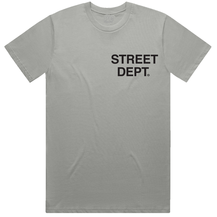 Gray PG Apparel Street Dept T-Shirt with graphic design, casual crewneck tee for everyday wear.