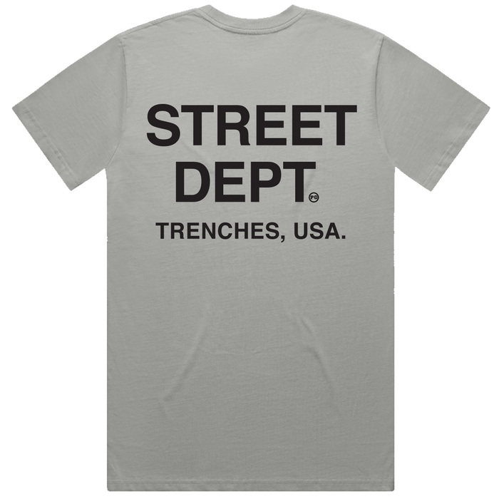 PG Apparel Street Dept T-Shirt in storm gray, casual tee with graphic design, short sleeves, and classic fit.