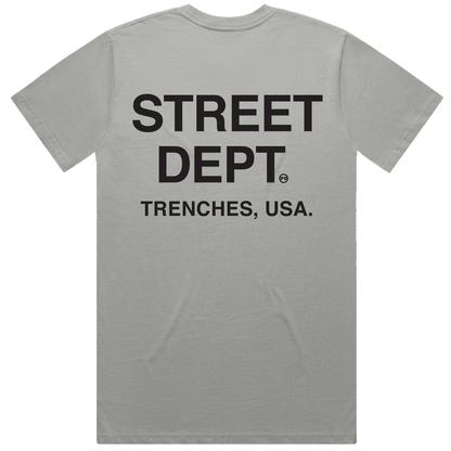 PG Apparel Street Dept T-Shirt in storm gray, casual tee with graphic design, short sleeves, and classic fit.