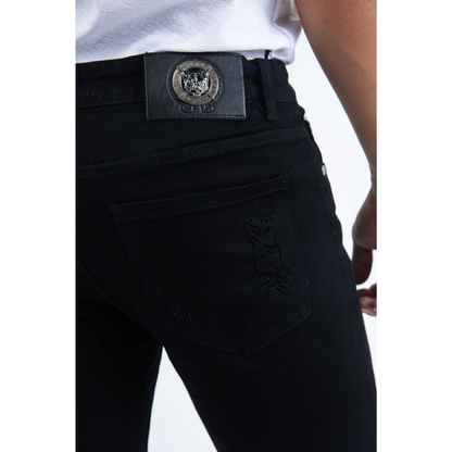Platini men’s black cotton spandex slim-fit jeans paired with boots- Back Pocket View