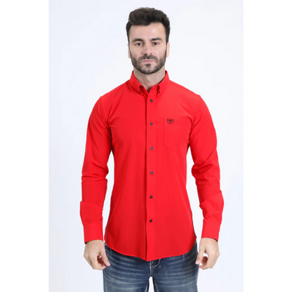 Platini Men's Single Pocket Logo Modern Fit Stretch Dress Shirt - Red