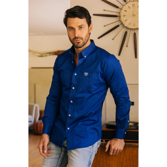 Platini Men's Single Pocket Logo Modern Fit Stretch Dress Shirt - Royal Blue