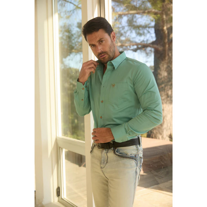 Platini Men's Single Pocket Logo Modern Fit Stretch Dress Shirt - Turquoise