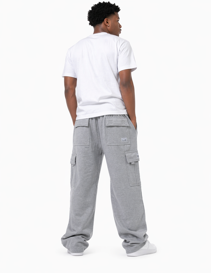 Pro Club heavy fleece cargo sweatpants in heather gray, featuring a relaxed fit and multiple pockets.