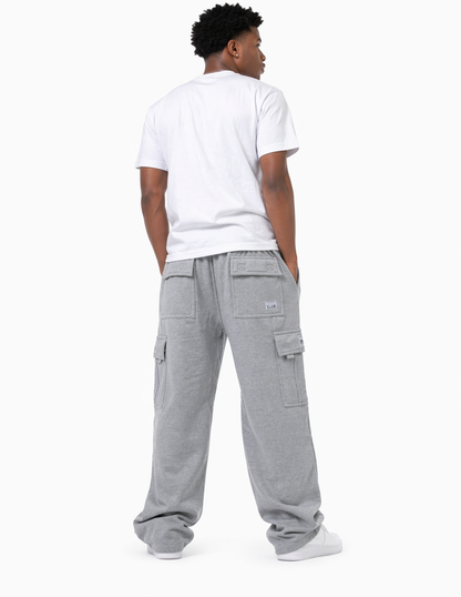 Pro Club heavy fleece cargo sweatpants in heather gray, featuring a relaxed fit and multiple pockets.