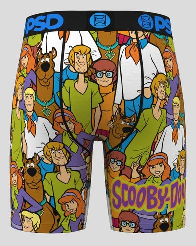 Colorful PSD Scooby Squad boxers featuring Scooby-Doo and friends, made from comfortable fabric, designed for casual wear.