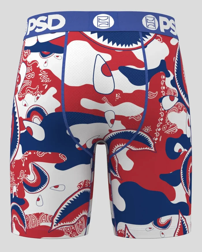 PSD Underwear WF Camo Paisley boxers with multi-color camouflage and paisley pattern, casual men's underwear accessory.