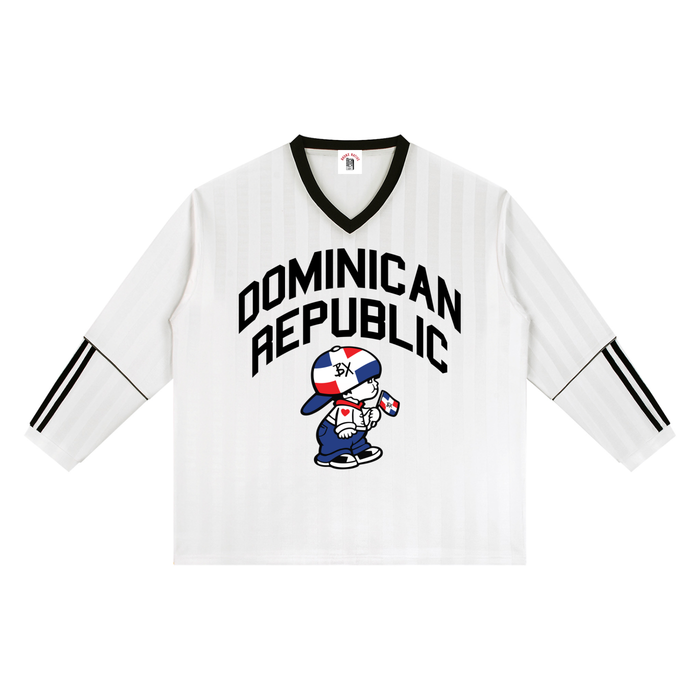 Quisqueya Runs Deep White Striped Soccer Jersey by Bronx Native, Dominican Republic Quisqueya Runs Deep jerseys streetwear