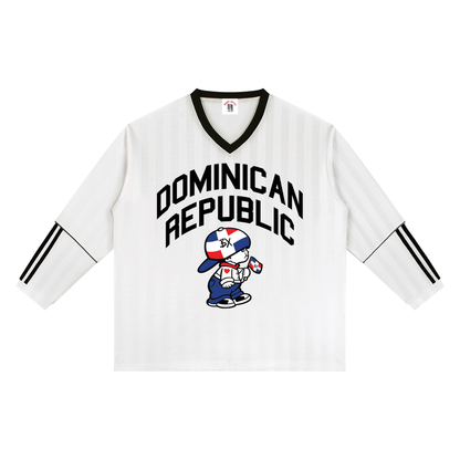 Quisqueya Runs Deep White Striped Soccer Jersey by Bronx Native, Dominican Republic Quisqueya Runs Deep jerseys streetwear