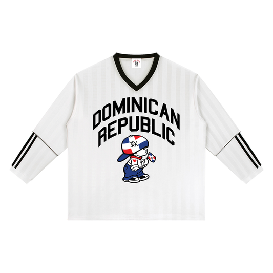 Quisqueya Runs Deep White Striped Soccer Jersey by Bronx Native, Dominican Republic Quisqueya Runs Deep jerseys streetwear