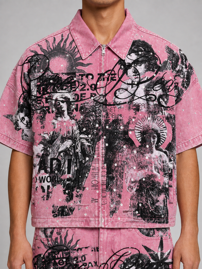 Dust pink Rare Peace collar zip-up with digital print, rhinestones, and cropped design, featuring a stylish rhinestone collar detail.
