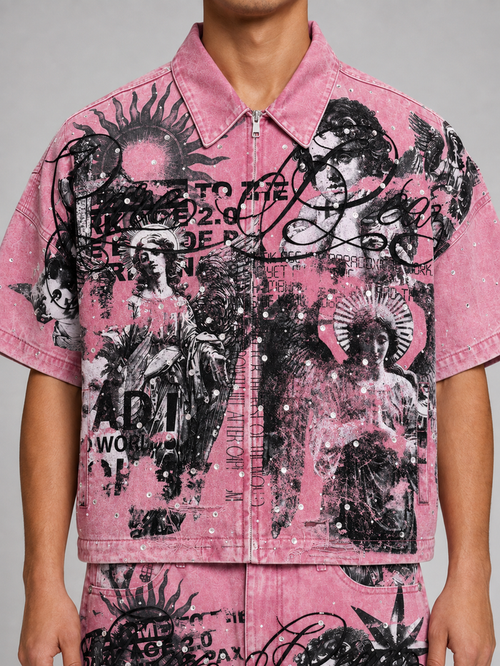 Dust pink Rare Peace collar zip-up with digital print, rhinestones, and cropped design, featuring a stylish rhinestone collar detail.