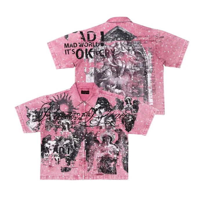 Dust pink Rare Peace It's Ok to Cry digital print collar zip-up with rhinestones, featuring a cropped collar and full-length zipper.